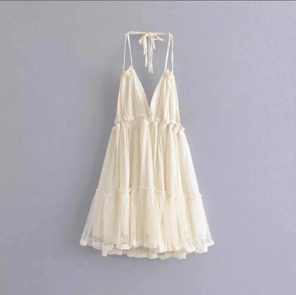 NEW Plunge Halter Dot Ruffle Mini Sundress Summer Off White Cream Ivory - Picture 9 of 12